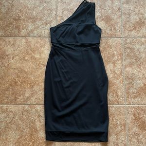 Express One Shoulder LBD with sheer shoulder and waist panel